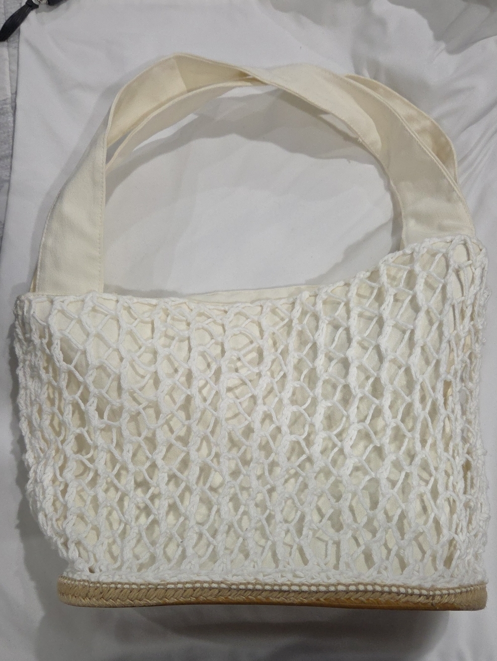​Boho Cream Mesh Net Canvas Shoulder Tote Bag with Woven Straw Base